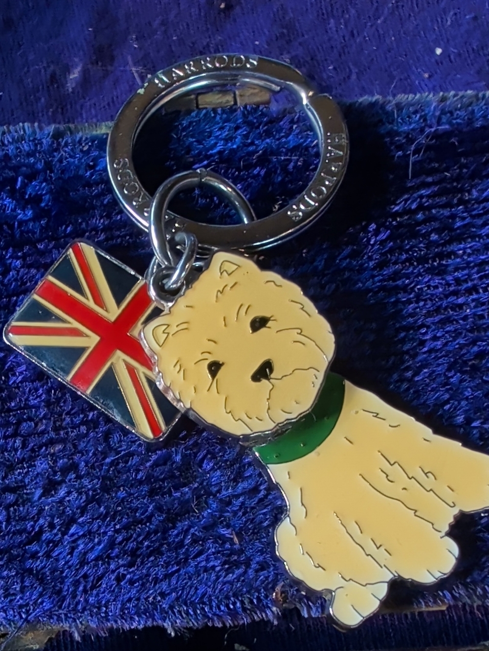 Harrods Cream Westie Key & Card Holder with Green Collar and Union Jack Charm